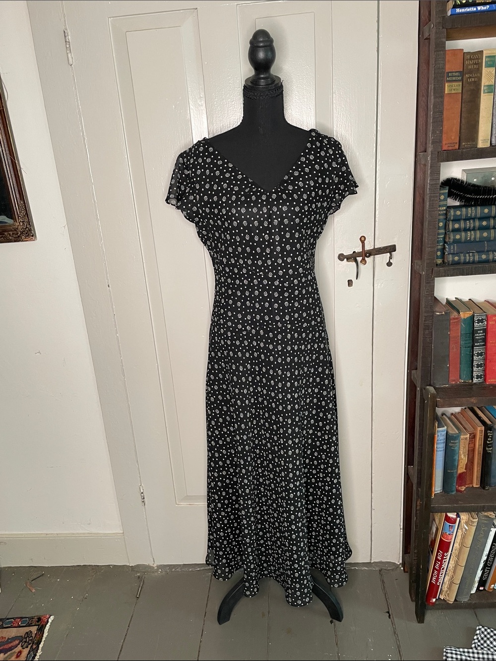 Black Polka Dot Midi Dress - Classic V-Neck